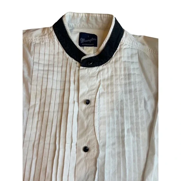 VTG Wrangler Western Shirt Mens L White Black Tuxedo Pleated Front Long Sleeve - Picture 2 of 5